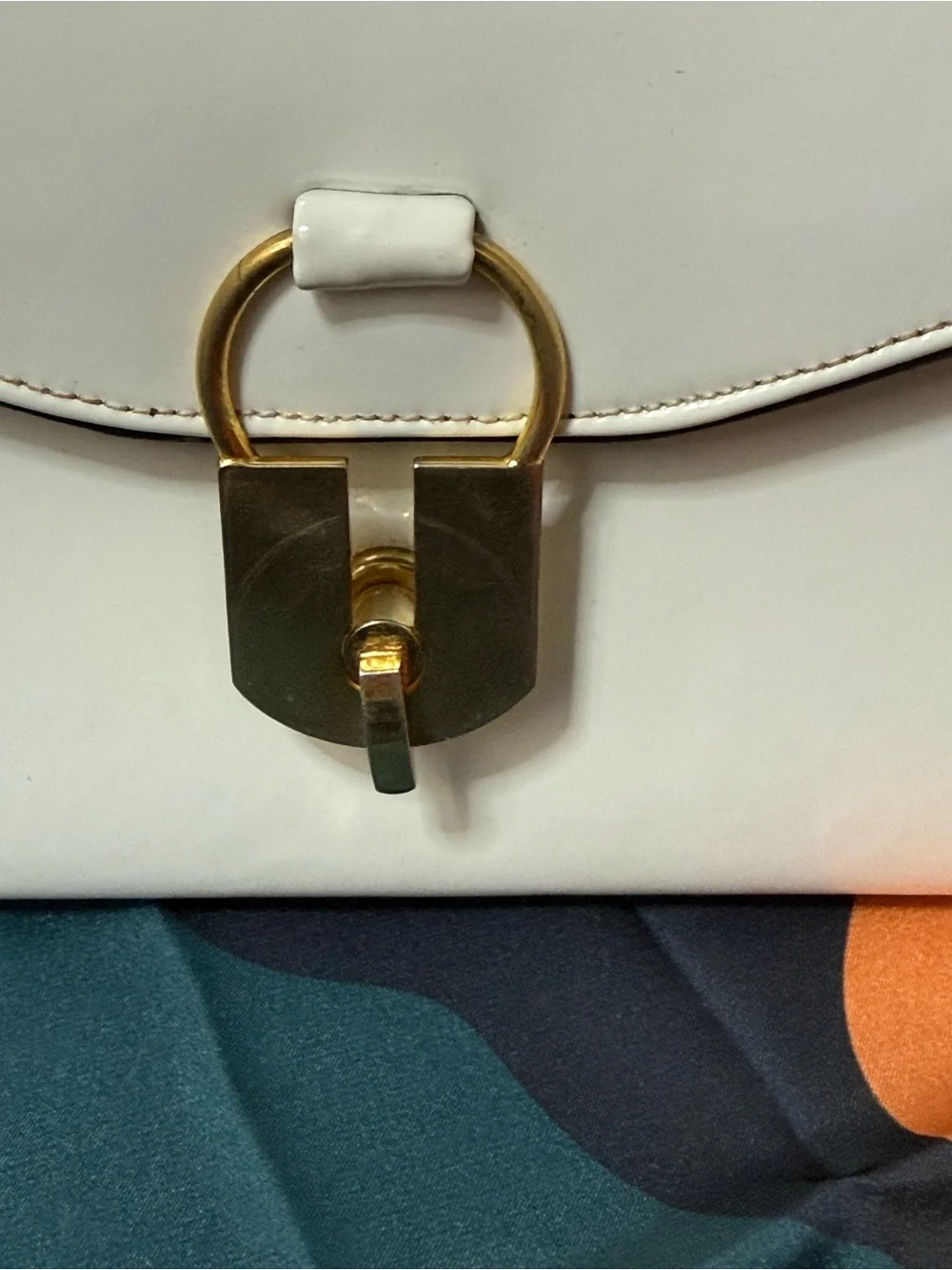 Classic White Patent Top-Handle Satchel with Gold Lock